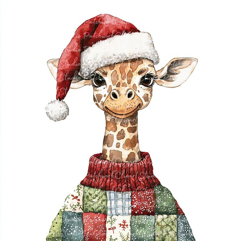 10 Christmas Giraffe Clipart Bundle, PNG & JPG, Printable Patchwork ...