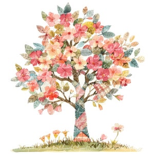 Paquete de 10 imágenes prediseñadas de flores de cerezo, PNG y JPG, árbol de cerezo rosa para patchwork imprimible, tela, descarga digital, manualidades con álbumes de recortes, imagen de colcha