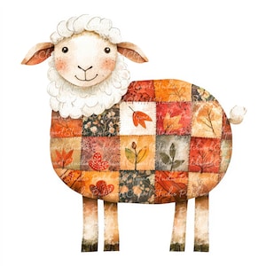 10 Autumn Sheep Clipart Bundle, PNG & JPG, Printable Patchwork, Sheep in Fall Illustrations, Digital Download, Scrapbook Crafts, Quilt Image