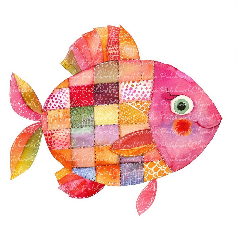 Patchwork Fish Design 10 Fish Clipart Bundle, PNG & JPG, Printable Patchwork Fish ...