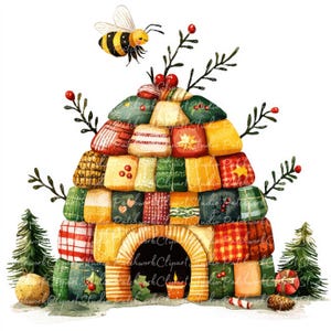 Lot de 10 cliparts ruche de Noël, PNG & JPG, patchwork imprimable, illustrations d'abeilles de Noël, téléchargement numérique, travaux manuels de scrapbooking, image de courtepointe