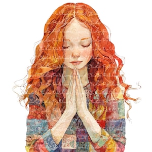 Lot de 10 cliparts femme rousse en prière, PNG & JPG, Images imprimables patchwork femme, téléchargement numérique, créations de scrapbooking, femme cheveux roux
