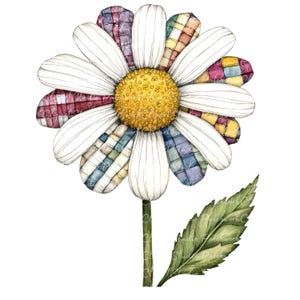 May include: A watercolour illustration of a daisy with white petals and a yellow centre. The petals feature patchwork fabric in various colours. A green stem and leaf complete the floral design.