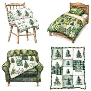 May include: Watercolor illustrations of home decor items featuring a Christmas tree theme. The image includes a quilt on a chair, bedding on a bed, a throw on a green armchair, and a decorative pillow with a tree pattern.