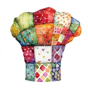 May include: A colorful patchwork quilt in the shape of a chef's hat. The quilt is made of various fabrics in shades of red, green, yellow, blue, and orange. The quilt is decorated with small hearts and other patterns.