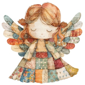 10 Angels Clipart Bundle, PNG & JPG, Printable Patchwork Angel, Illustrations, Digital Download, Scrapbook Crafting, Quilt Image