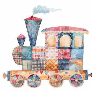 Paquete de 10 imágenes prediseñadas de trenes, PNG y JPG, tren de patchwork imprimible, ilustraciones, descarga digital, manualidades con álbumes de recortes, tren con imágenes de colchas