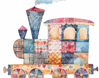 10 Trains Clipart Bundle, PNG & JPG, Printable Patchwork Train, Illustrations, Digital Download, Scrapbook Crafting, Quilt Image  Train