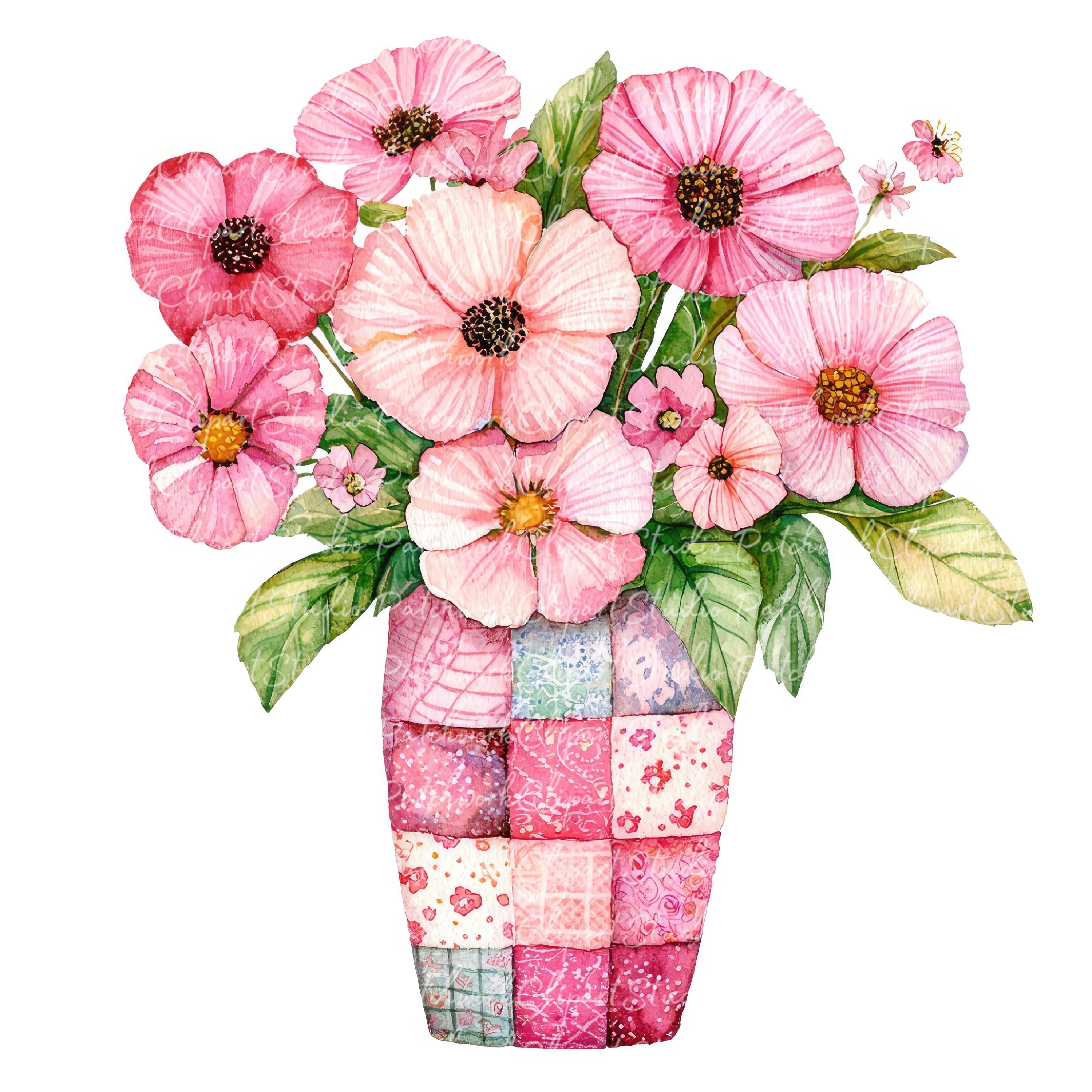 10 Pink Flowers in Vase Clipart Bundle, PNG & JPG, Pink Floral ...