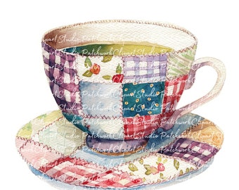 10 Teacups Clipart Bundle, PNG & JPG, Printable Patchwork Teacup, Illustrations, Digital Download, Scrapbook Crafting, Quilt Image