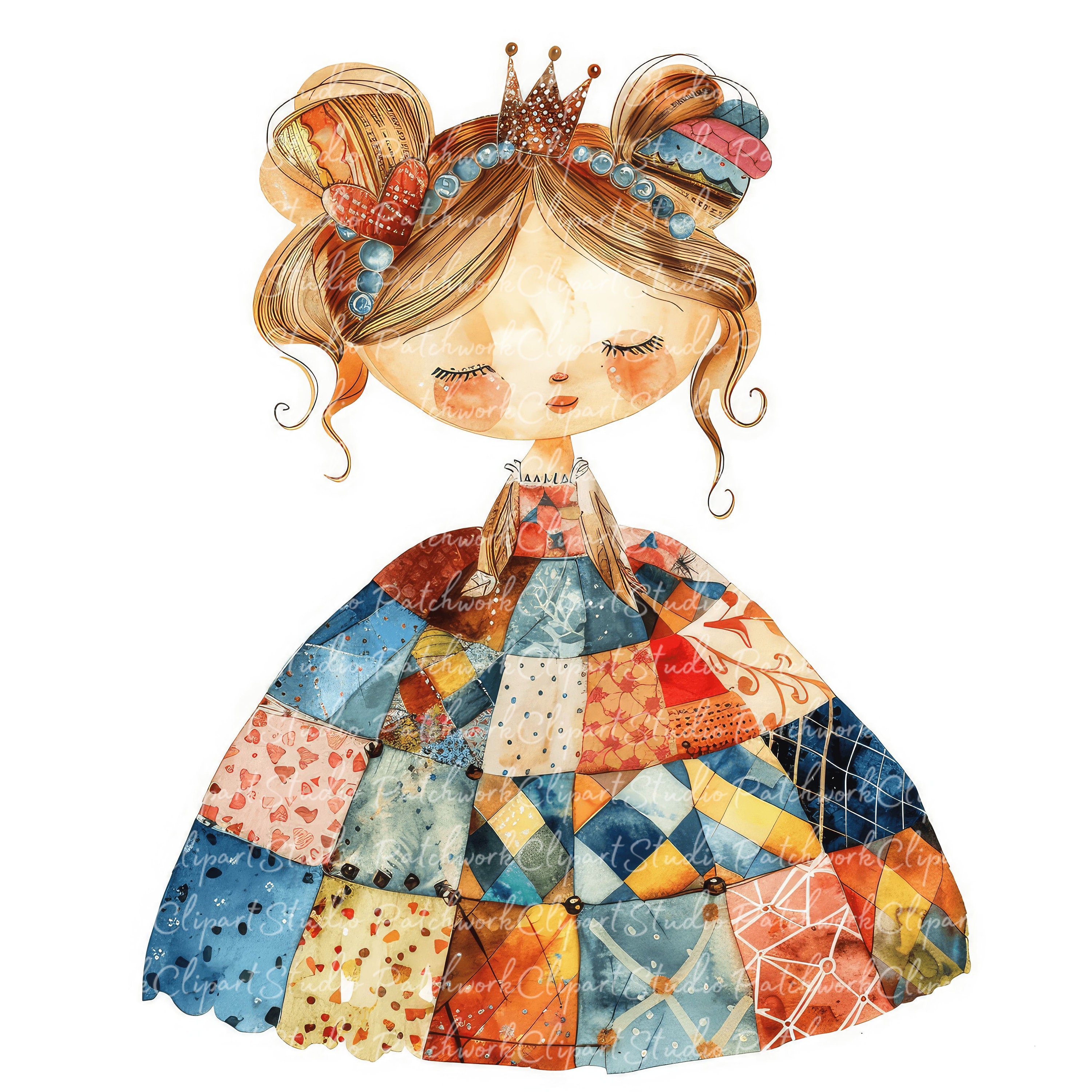 10 Princess Clipart Bundle, PNG & JPG, Printable Patchwork Princess ...