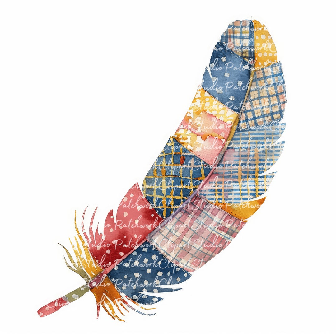 10 Feathers Clipart Bundle, Printable Patchwork Feather, Quilted Fabric ...