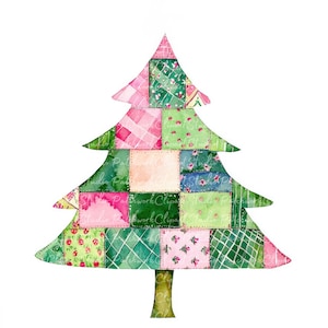 10 Green Pink Christmas Tree Clipart Bundle, PNG & JPG, Printable Patchwork, Illustrations, Digital Download, Scrapbook Crafts, Quilt Image