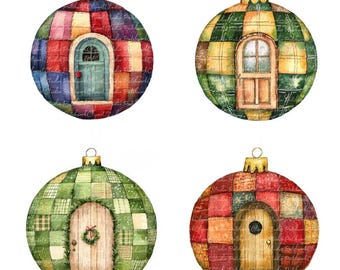 10 Christmas Bauble with Door Clipart Bundle, PNG & JPG, Printable Patchwork, Illustrations, Digital Download, Scrapbook Crafts, Quilt Image