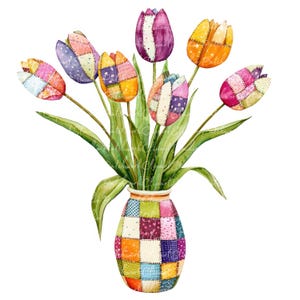 10 tulpen in vaas clipartbundel, png en jpg, afdrukbare patchwork, illustraties, digitale download, plakboek, kleurrijke tulpenquiltafbeelding