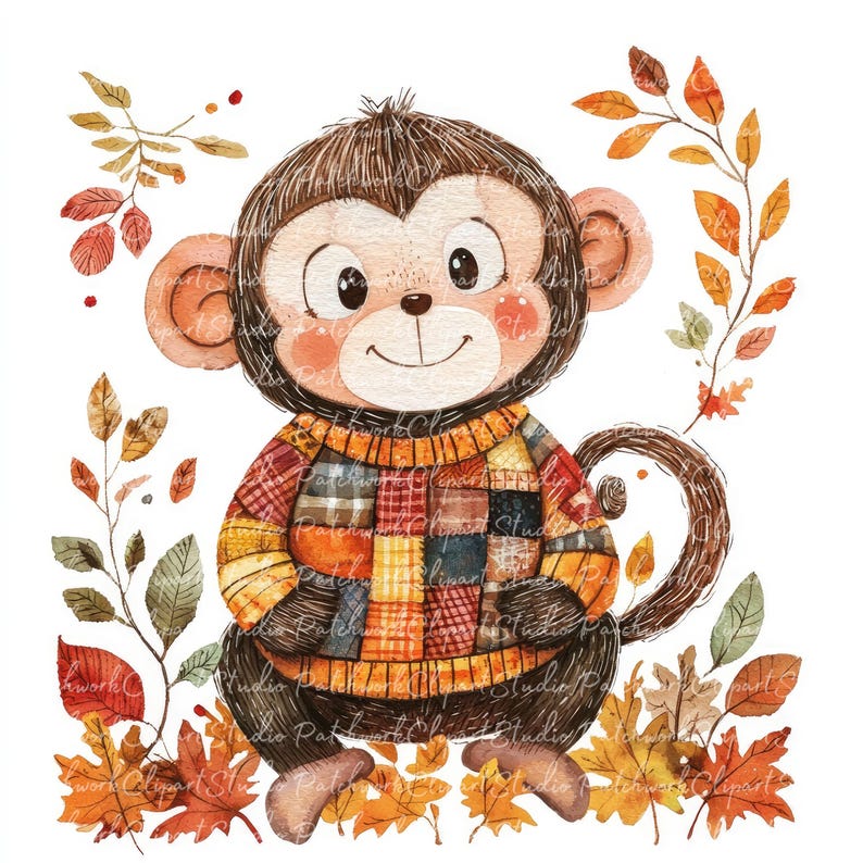 10 Autumn Monkey Clipart Bundle, JPG & PNG, Printable Patchwork, Monkey