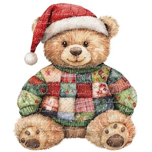 Pacote de 10 clipart de urso de pelúcia de Natal, PNG e JPG, Patchwork para impressão, Ilustrações de Natal, Download digital, Artesanato de scrapbook, Imagem de colcha