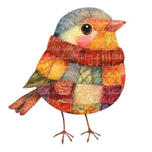 Pacote com 10 cliparts de pássaros de outono, PNG e JPG, ilustrações de pássaros em patchwork para impressão, download digital, artesanato para scrapbook, imagem fofa de pássaros de outono