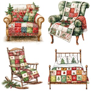May include: Four pieces of furniture with a Christmas theme. A rocking chair, an armchair, a larger armchair, and a bed, all covered in patchwork quilts with red, green, and white patterns. The quilts feature Christmas trees, snowflakes, and other holiday motifs.
