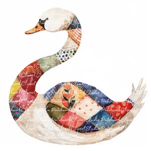 10 Swans Clipart Bundle, PNG & JPG, Printable Patchwork Swan, Illustrations, Digital Download, Scrapbook Crafting, Quilt Image
