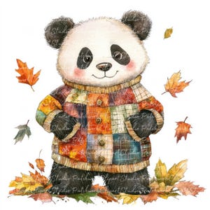 Paquete de 10 imágenes prediseñadas de panda otoñal, PNG y JPG, ilustración de panda en otoño para imprimir en patchwork, descarga digital, manualidades con álbumes de recortes, imagen de colcha