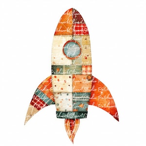 May include: A patchwork rocket ship with orange, red, blue, and brown fabric. The rocket has a round window and a flame coming out of the bottom.
