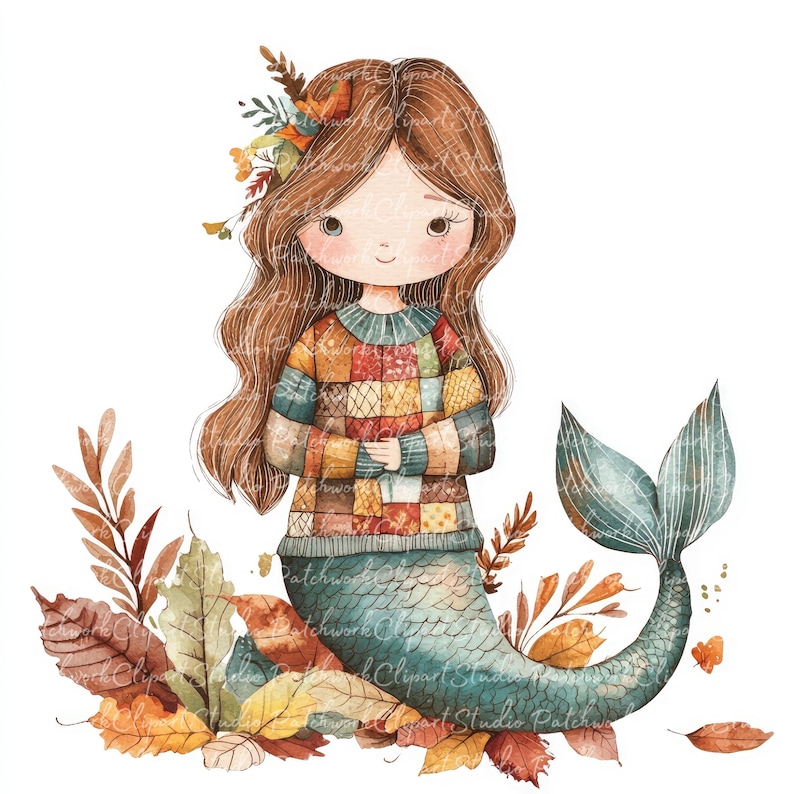 10 Autumn Mermaid Clipart Bundle, PNG & JPG, Printable Patchwork ...