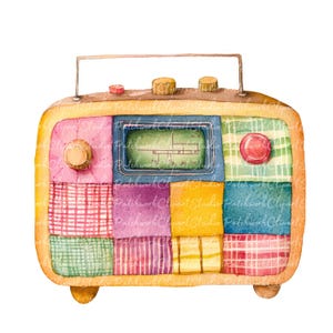 10 Radio Clipart Bundle, PNG & JPG, Printable Patchwork Radio Illustrations, Digital Download, Scrapbook Crafting, Cute Vintage Radio Image