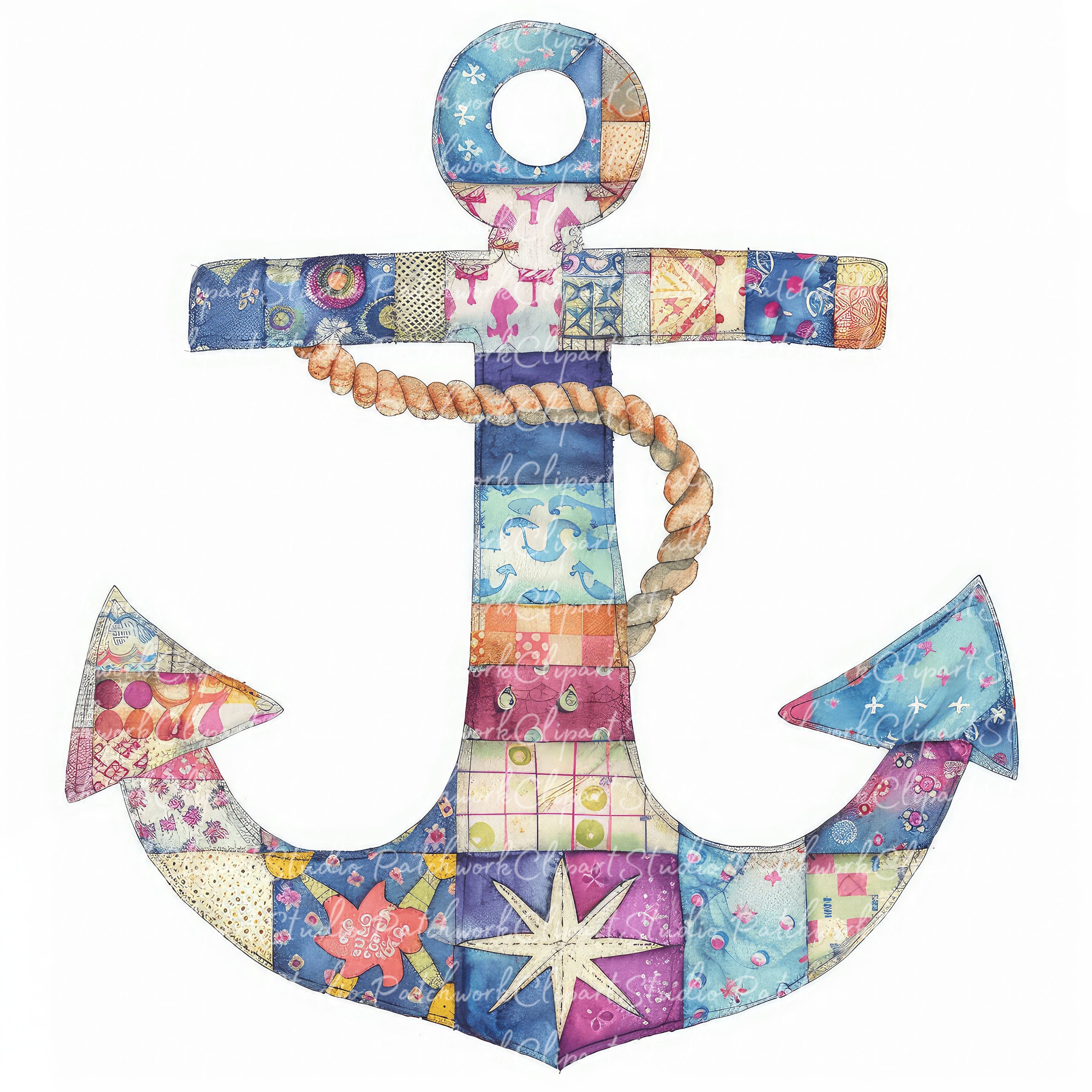 Anchors Clipart Bundle, Printable Anchor, Cute Quilted Fabric Illustrations, Digital Download ...