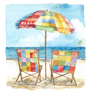 Paquete de 10 imágenes prediseñadas de sillas de playa y sombrillas (PNG y JPG), patchwork imprimible, ilustraciones, descarga digital, manualidades de scrapbooking, imagen de colcha