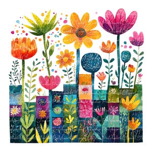 May include: A watercolour illustration of a garden scene with vibrant flowers. The image showcases blooms in orange, yellow, and pink, set against green foliage and a patchwork design. The artwork has a whimsical, artistic style.