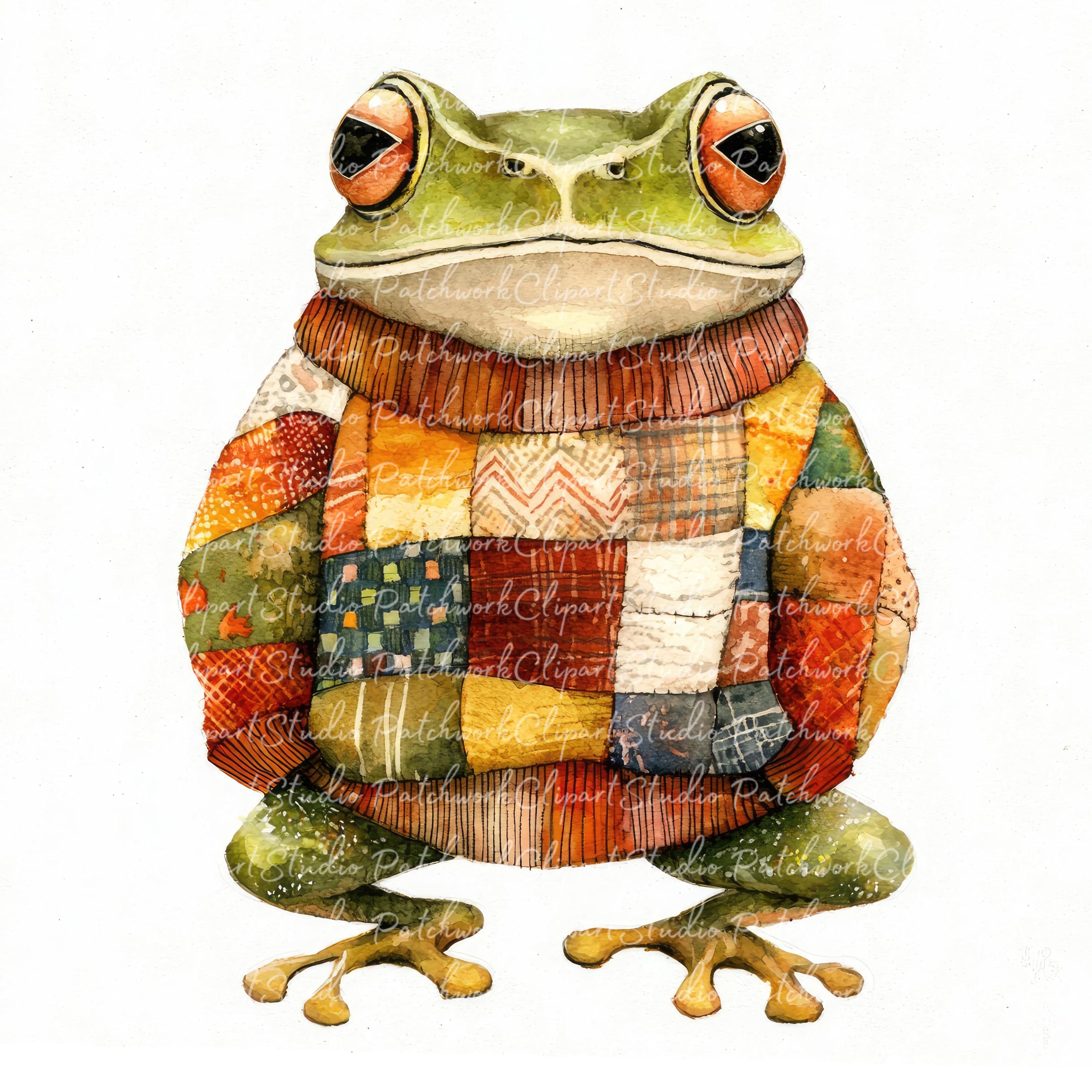 10 Autumn Frog Clipart Bundle, PNG & JPG, Printable Patchwork, Frog in ...