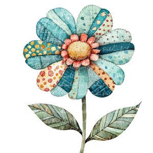 May include: A watercolor painting of a blue and green patchwork flower with a red and yellow center. The flower has a long green stem and two leaves.