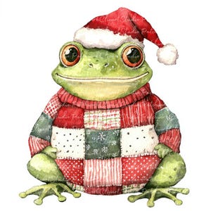 May include: A green frog wearing a red, green, and white patchwork sweater and a red Santa hat with a white pom-pom.