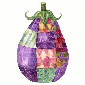 Könnte beinhalten: Ein Aquarellbild einer Aubergine mit Patchwork-Muster. Die Aubergine ist lila, grün, gelb, rosa und blau. Das Muster besteht aus Quadraten und Rechtecken.