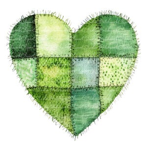 Puede incluir: Ilustración en acuarela de un corazón de patchwork en varios tonos de verde. El corazón está compuesto por cuadrados de tela cosidos, cada uno con una textura y un patrón diferentes. Los bordes están delineados con una puntada verde oscuro.