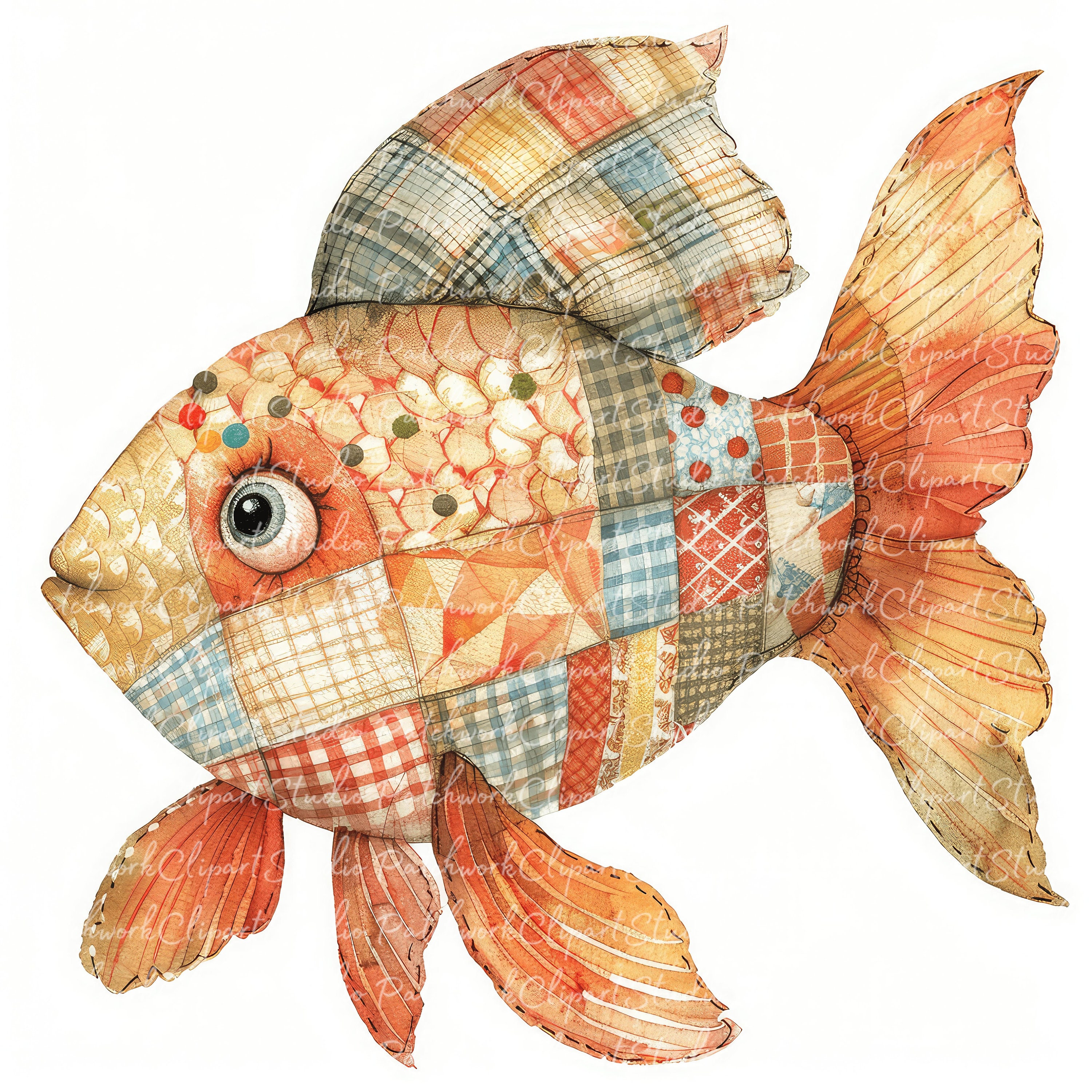 Patchwork Fish Design 10 Goldfish Clipart Bundle, PNG & JPG, Printable Patchwork Fish ...