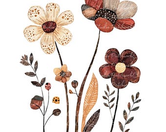 10 Boho Flowers Clipart Bundle, PNG & JPG, Printable Patchwork, Illustrations, Digital Download, Scrapbook Crafts, Brown Flowers Quilt Image
