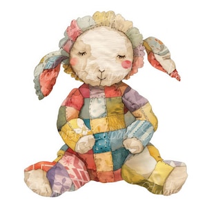 May include: A patchwork fabric toy in the shape of a lamb with a colorful, multi-colored design. The toy has a white face with closed eyes and a stitched smile.