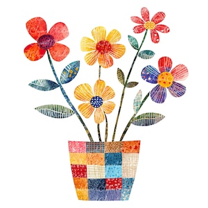 May include: A colorful illustration of a bouquet of flowers in a patchwork pot. The flowers are red, yellow, and blue with green stems and leaves. The pot is made of various fabric squares in different colors and patterns.