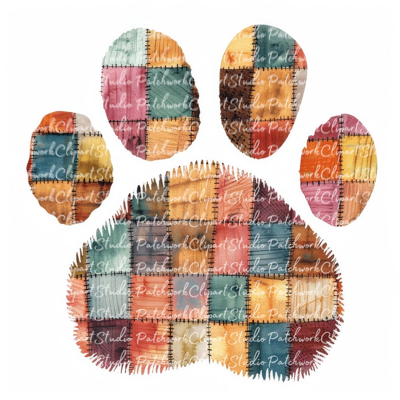 10 Paw Prints Clipart Bundle, Printable Patchwork Paws, Quilted Fabric ...