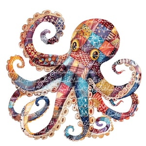 10 Octopus Clipart Bundle, PNG & JPG, Printable Patchwork Octopus, Illustrations, Digital Download, Scrapbook Crafting, Quilt Image