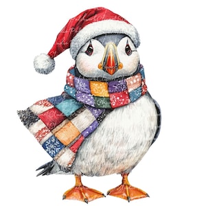 May include: A watercolour illustration of a puffin wearing a red Santa hat and a patchwork scarf. The puffin has a white chest, orange feet, and a colourful scarf with snowflake patterns. The hat has a white trim and a pom-pom.