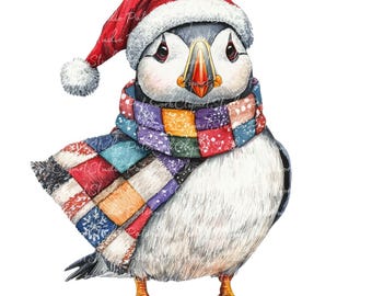 10 Christmas Puffin Clipart Bundle, PNG & JPG, Printable Patchwork, Illustrations, Digital Download, Scrapbook Crafting, Quilt Image