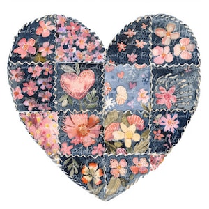 Könnte beinhalten: Ein herzförmiger Patchwork-Decken mit blauem Hintergrund und rosa, weißen und gelben Blumenmustern. Die Decke besteht aus Quadraten, die mit einem dekorativen Stich zusammengenäht sind.