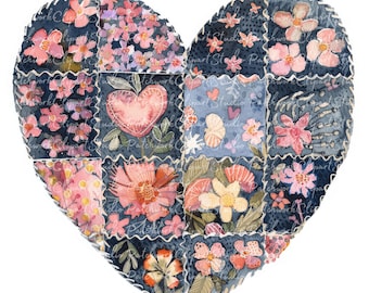 10 Floral Heart Clipart Bundle, PNG & JPG, Printable Patchwork Hearts, Illustrations, Digital Download, Scrapbook Crafting, Quilt Image