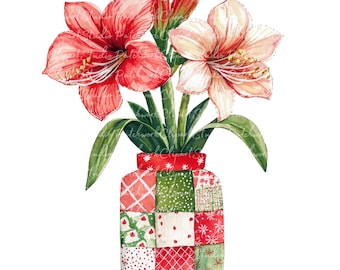 10 Amaryllis in Vase Clipart Bundle, PNG & JPG, Printable Patchwork Flowers Illustrations, Digital Download, Scrapbook, Amaryllis in Vase