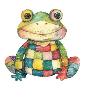 Lot de 10 cliparts grenouilles, PNG & JPG, grenouille patchwork imprimable, illustrations, téléchargement numérique, création de scrapbooking, image de courtepointe verte