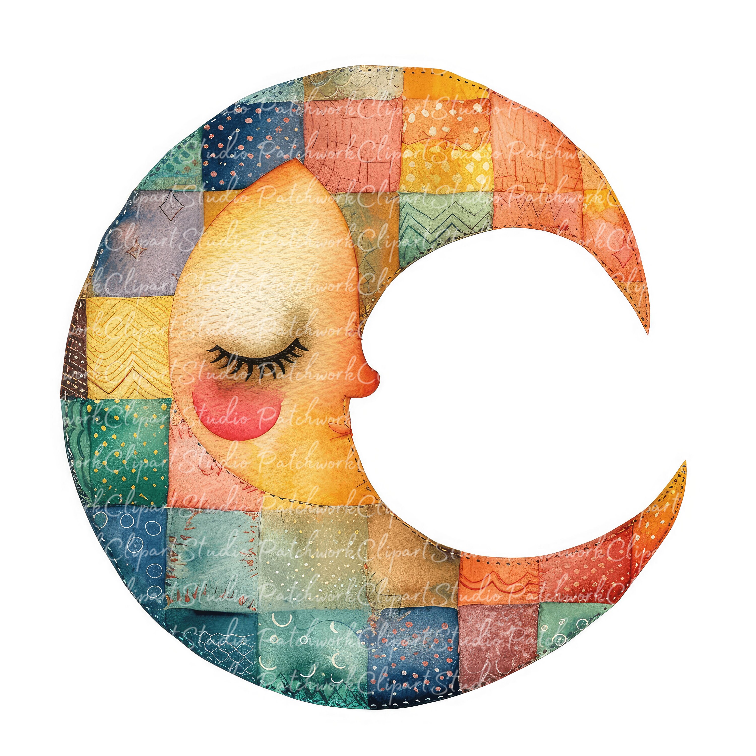 Patchwork Moon 10 Moon Clipart Bundle, PNG & JPG, Printable Patchwork Yellow Moons ...