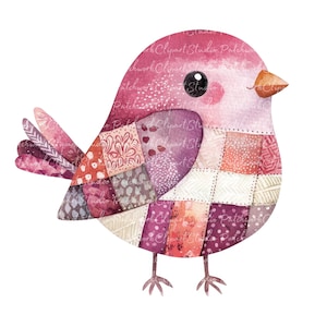 Paquete de 10 imágenes prediseñadas de pájaros rosas (PNG y JPG), ilustraciones de pájaros de patchwork imprimibles, descarga digital, manualidades con scrapbooking, imagen de pájaro rosa para colcha